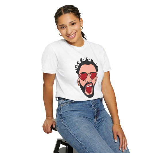 Graphic T-Shirt — Bold Pop Art Face with Heart Sunglasses