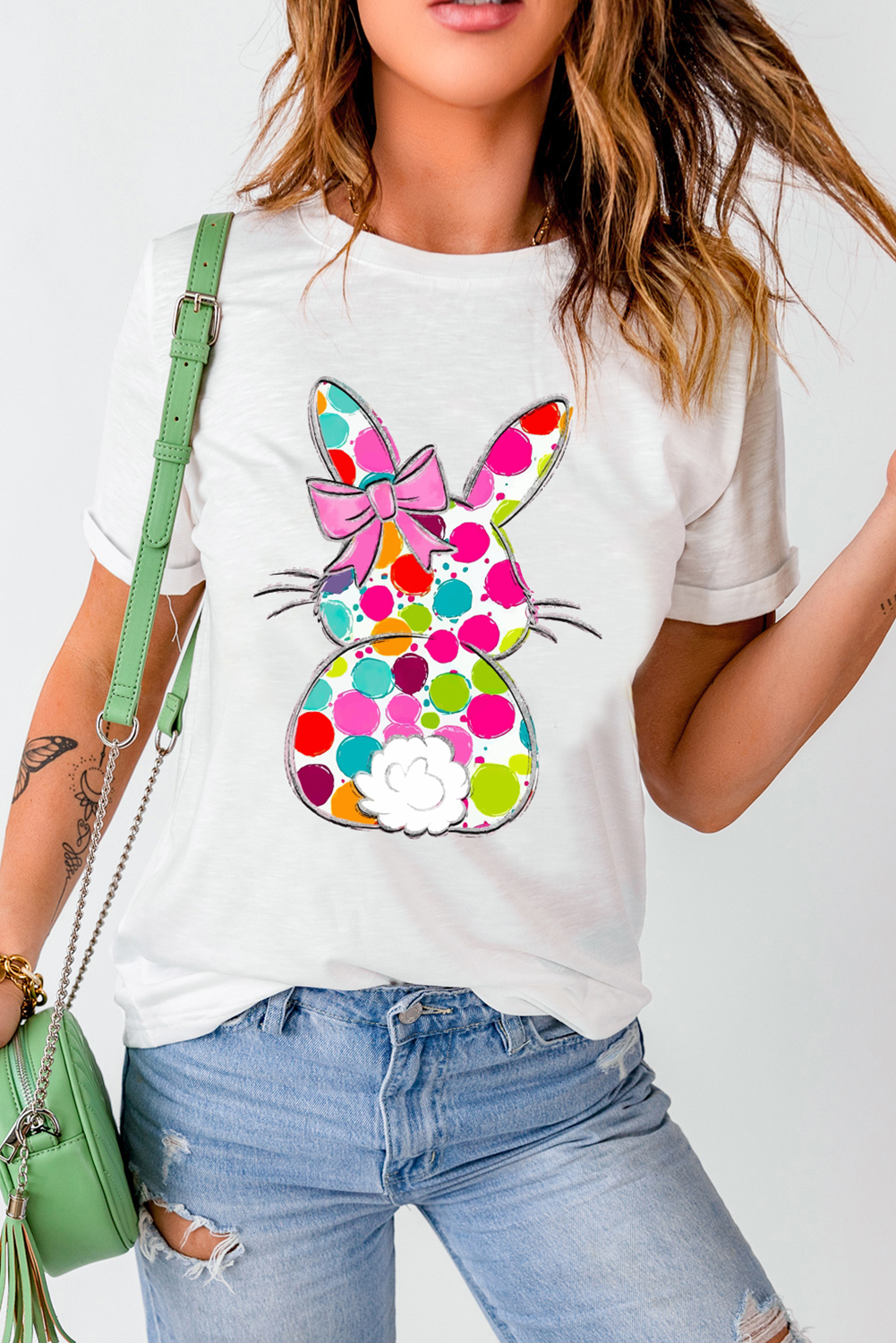 White Polka Dot Bow Rabbit Graphic Crewneck Easter Fashion Tee
