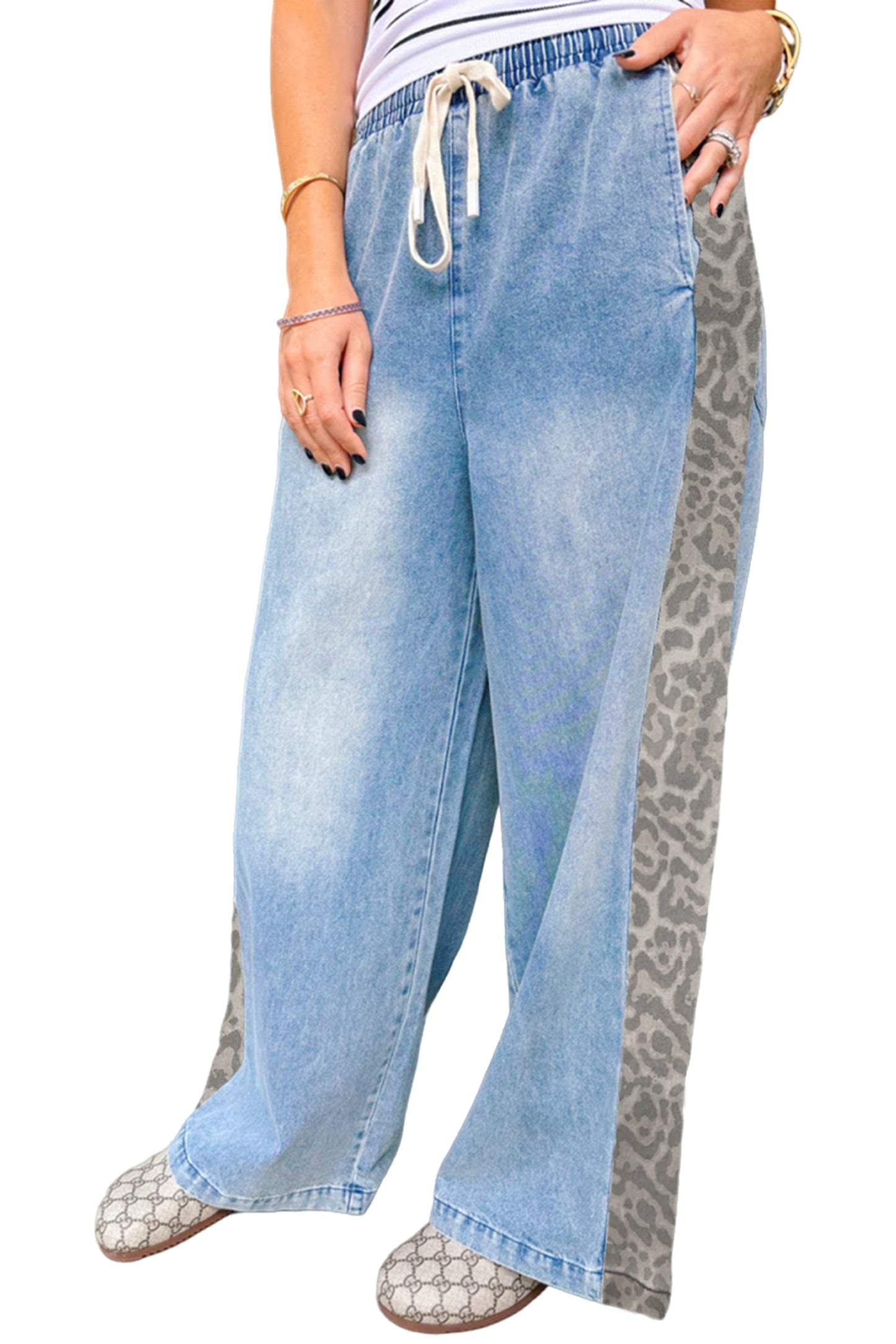 Beau Blue Drawstring Elastic Waist Leopard Striped Side Panel Wide Leg Jeans