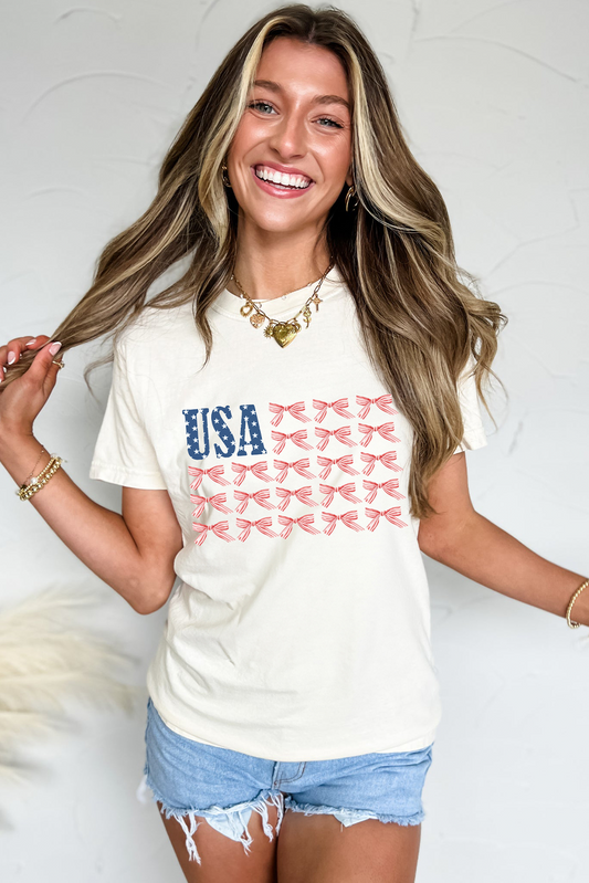 White USA Flag Bow Knot Print Round Neck T Shirt