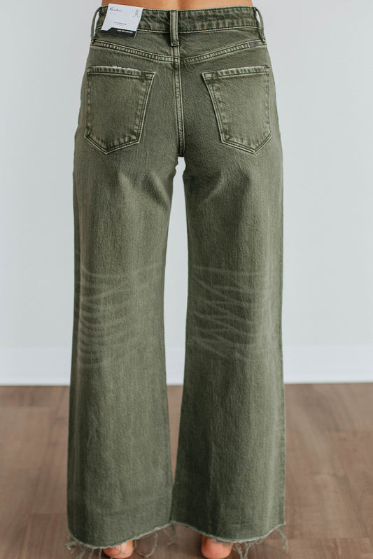Green Slight Distressed Raw Edge Wide Leg Jeans