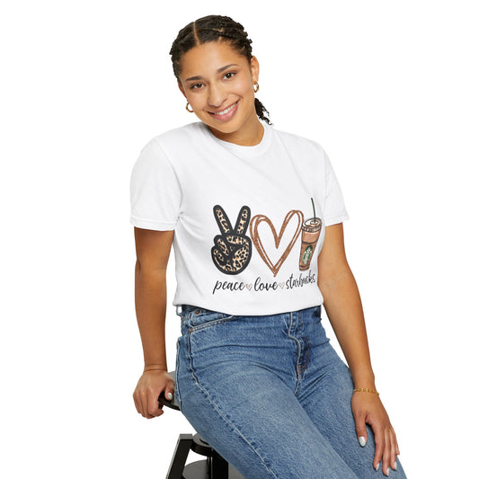 Peace Love Starbucks T-Shirt | Leopard Peace Sign Heart Coffee Cup