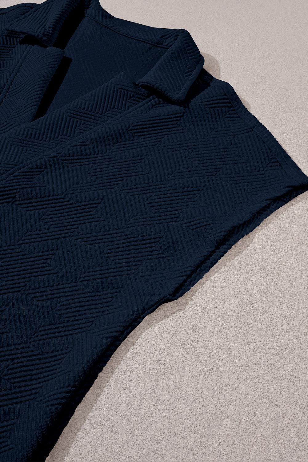 Navy Blue Textured V Neck Collared Slit Hem T Shirt