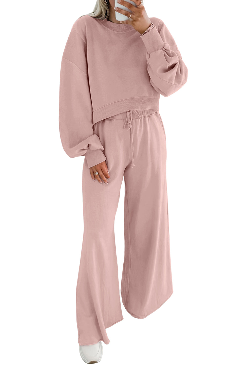 Light Pink Drop Shoulder Crop Pullover Drawstring Wide Leg Pants Set