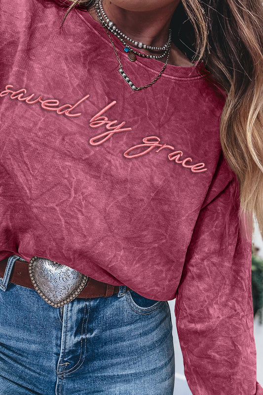 Mineral Red saved by grace Letter Embroidery Mineral Wash Loose Sweatshirt