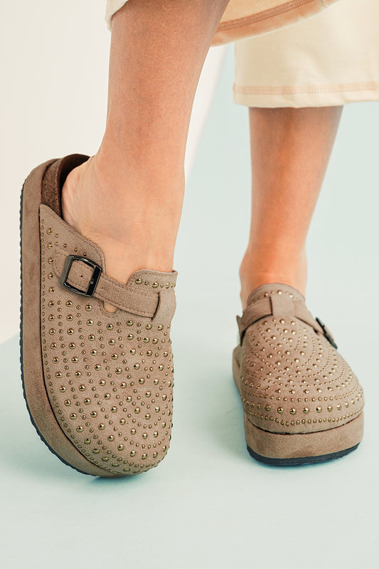 Parchment Rivet Buckle Closed Toe Platform Slippers