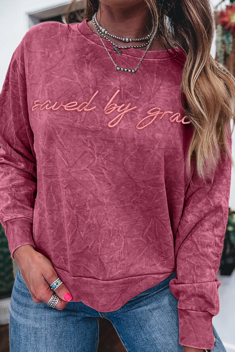 Mineral Red saved by grace Letter Embroidery Mineral Wash Loose Sweatshirt