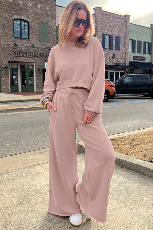 Light Pink Drop Shoulder Crop Pullover Drawstring Wide Leg Pants Set
