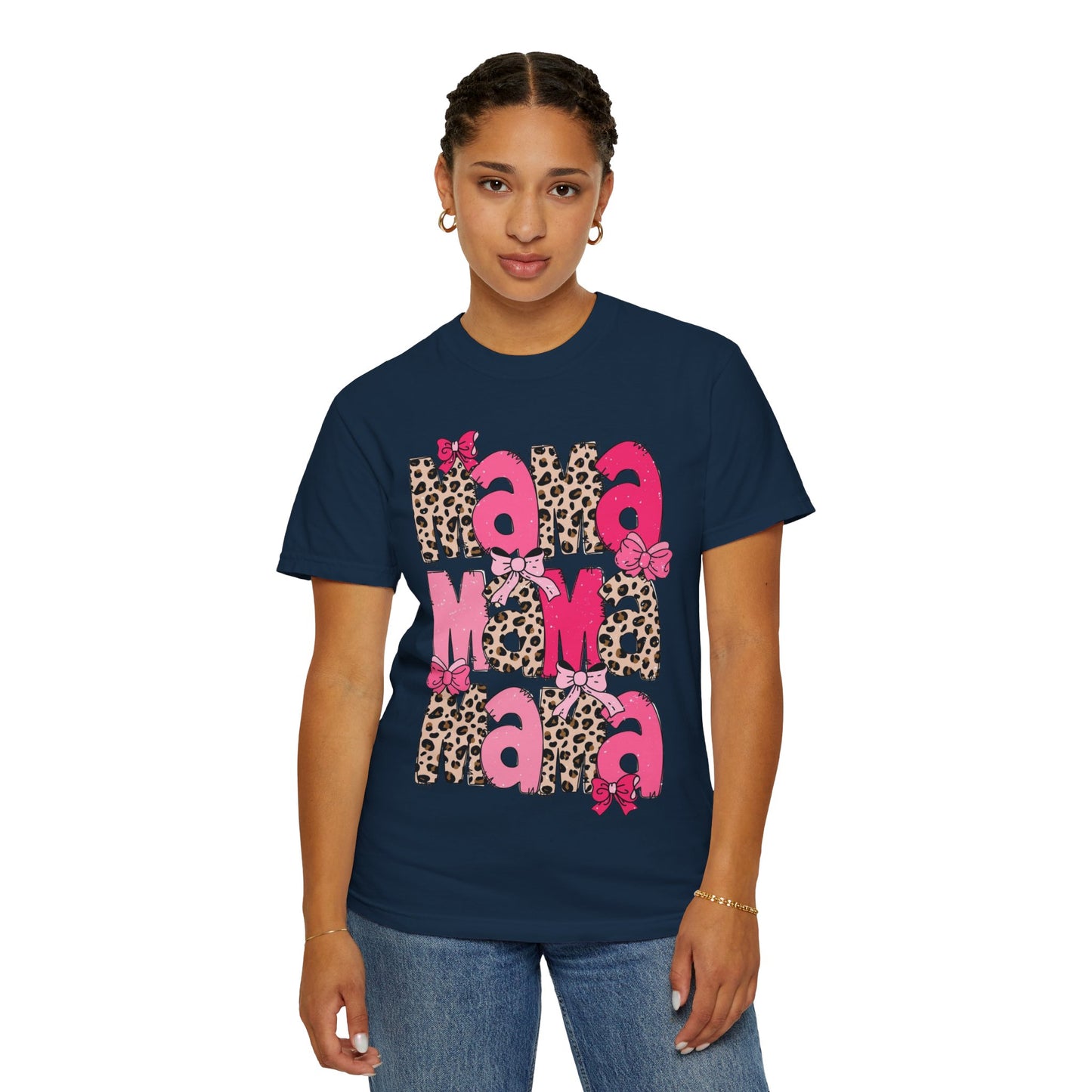 Mama Leopard Print Pink Bow T-Shirt