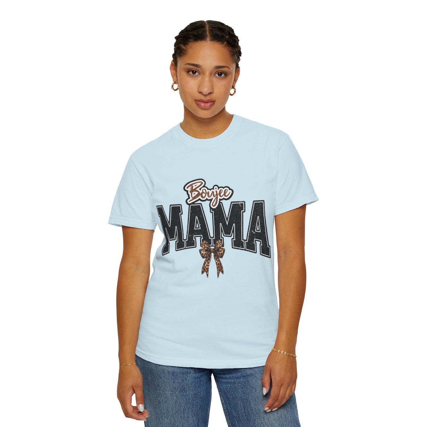 Boujee MAMA varsity letters with leopard bow T-Shirt | Mama shirt
