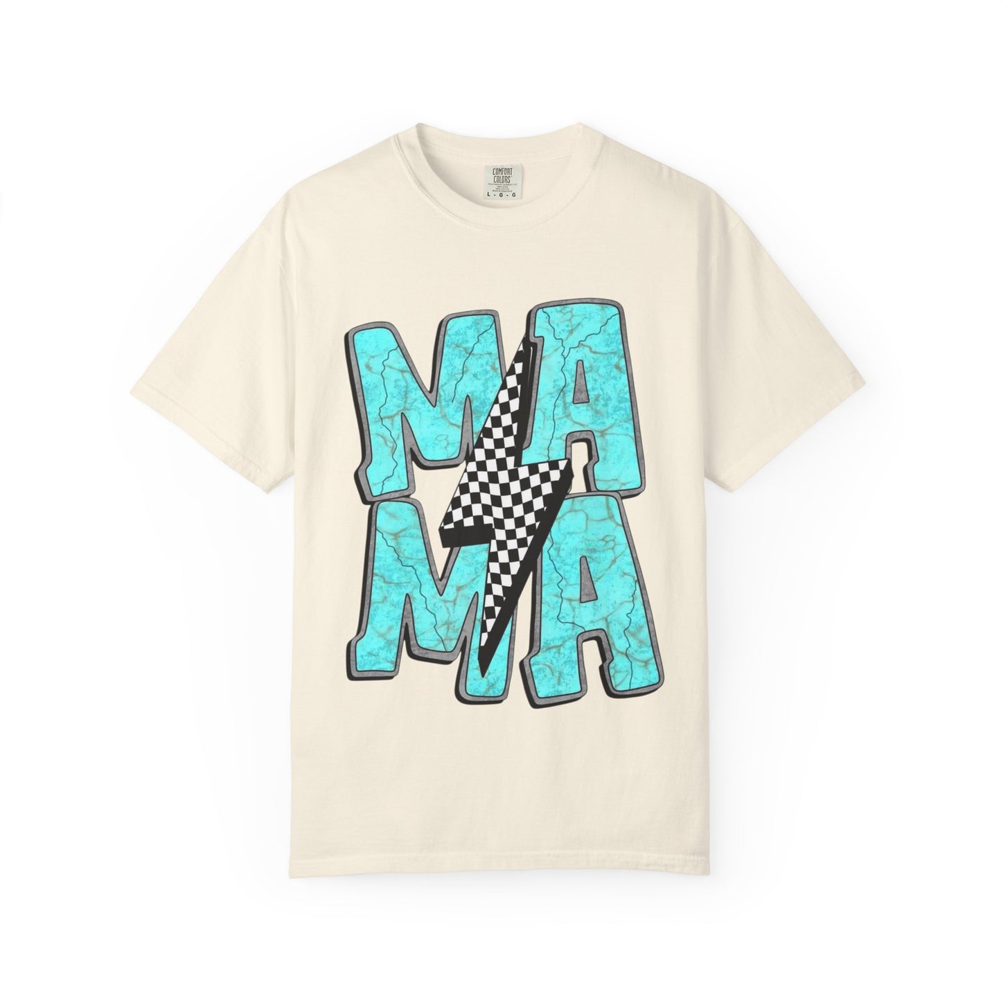 MAMA Lightning Bolt T-Shirt | Checkerboard, Aqua Marble Text