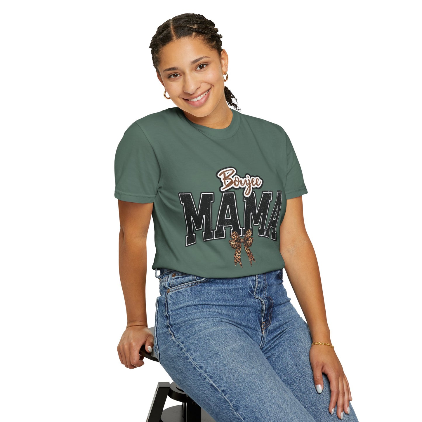 Boujee MAMA varsity letters with leopard bow T-Shirt | Mama shirt