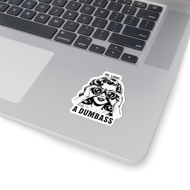 Oh Look A Dumbass sticker | Retro woman binoculars, black and white kiss-cut