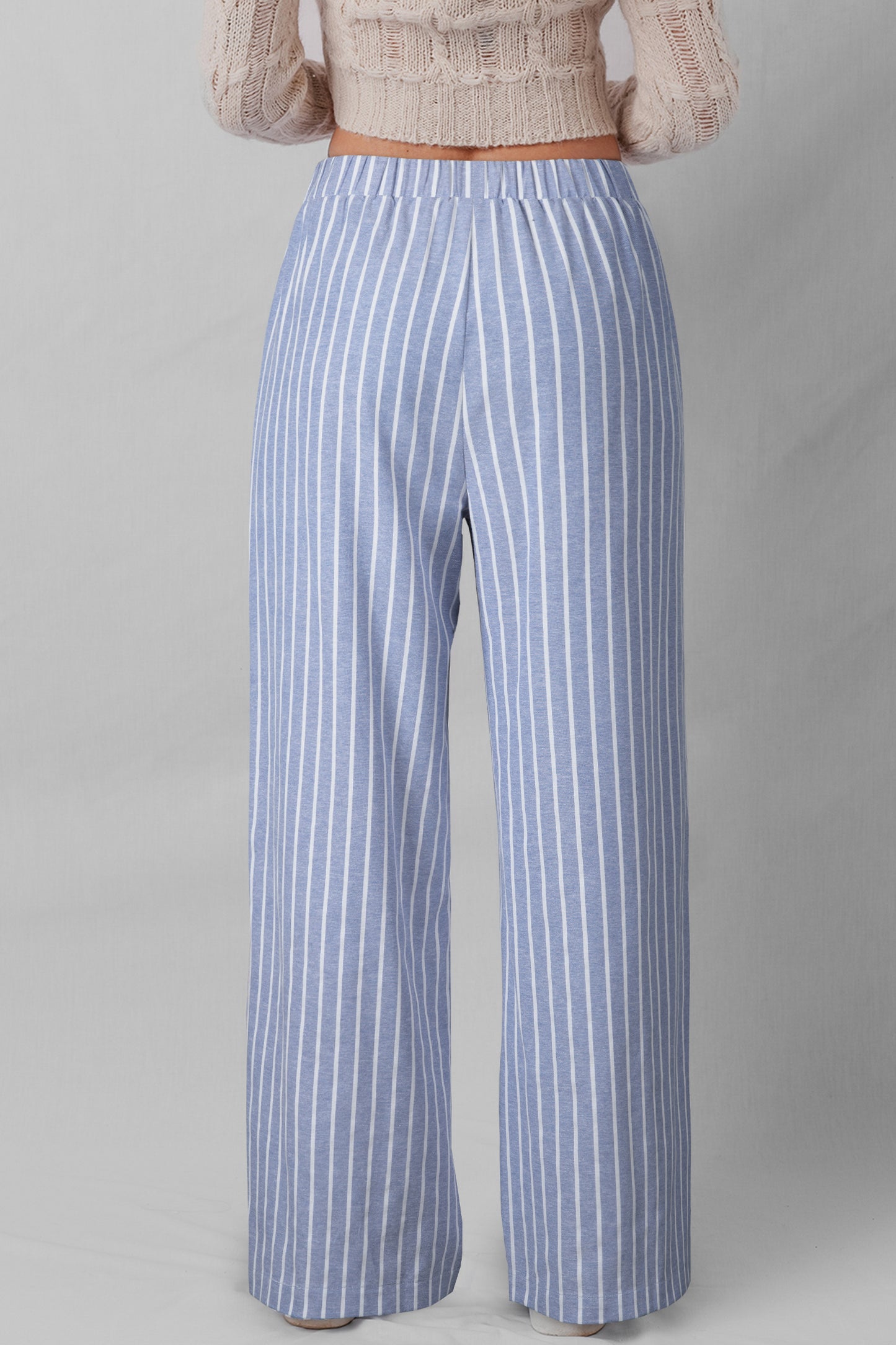 Sky Blue Stripe Buttoned Detail Loose Casual Pants