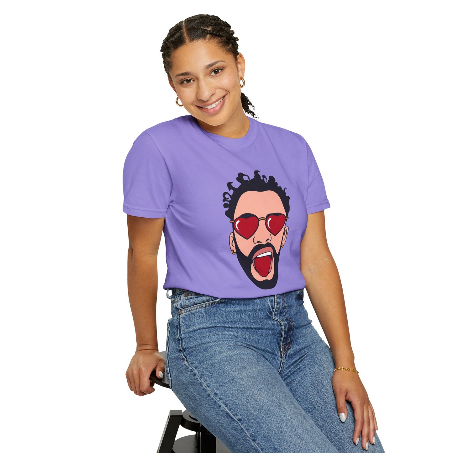 Graphic T-Shirt — Bold Pop Art Face with Heart Sunglasses