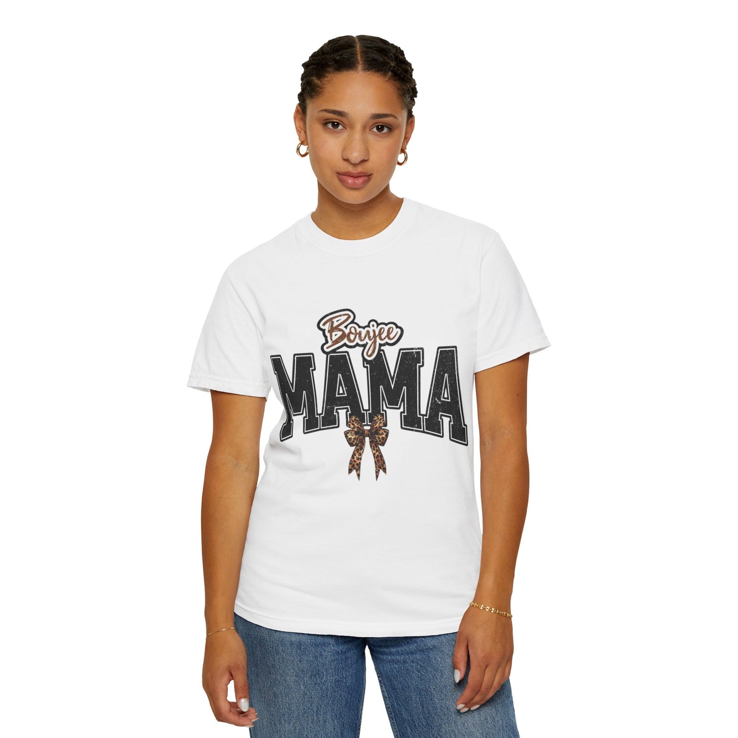Boujee MAMA varsity letters with leopard bow T-Shirt | Mama shirt