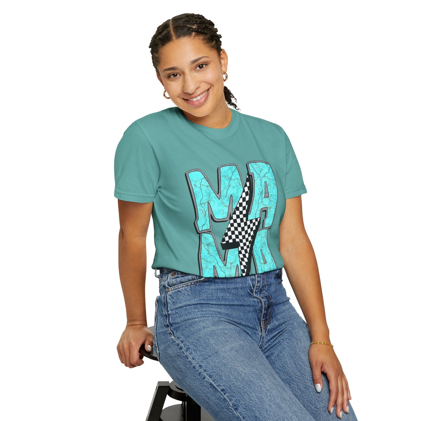 MAMA Lightning Bolt T-Shirt | Checkerboard, Aqua Marble Text