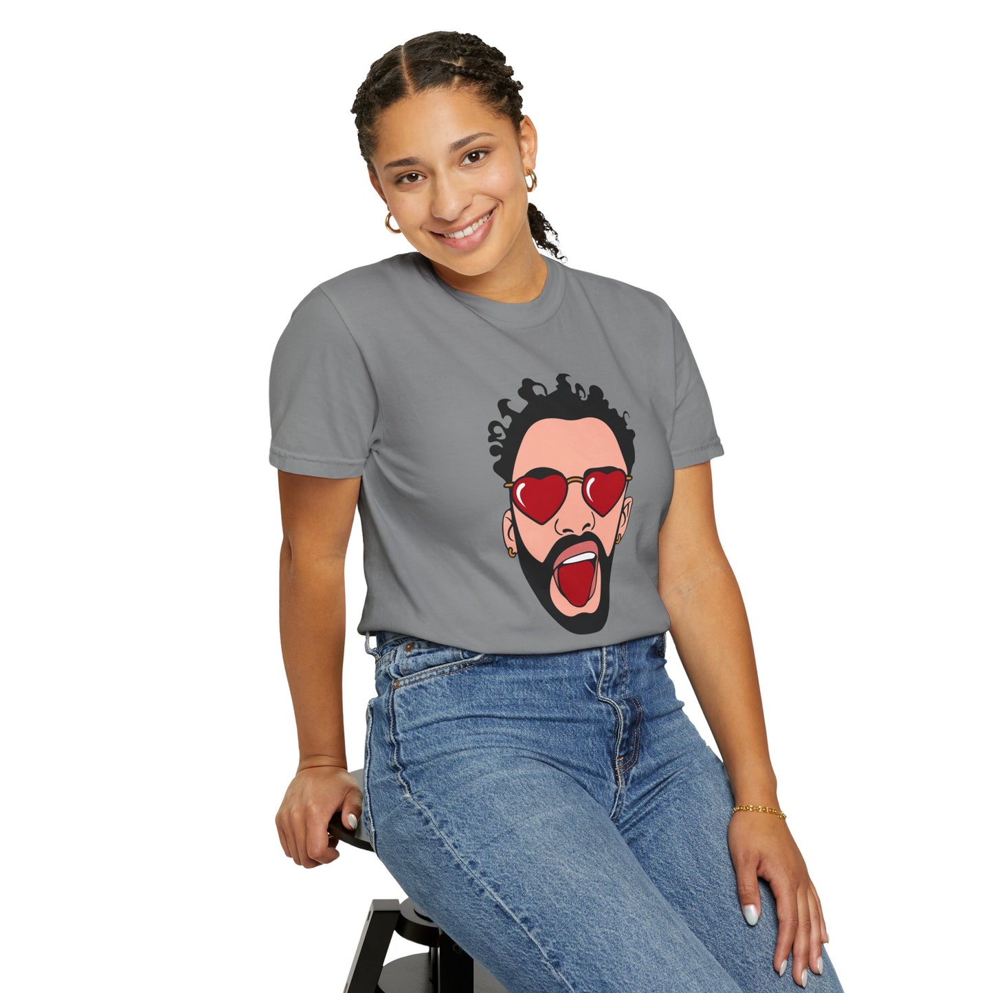 Graphic T-Shirt — Bold Pop Art Face with Heart Sunglasses
