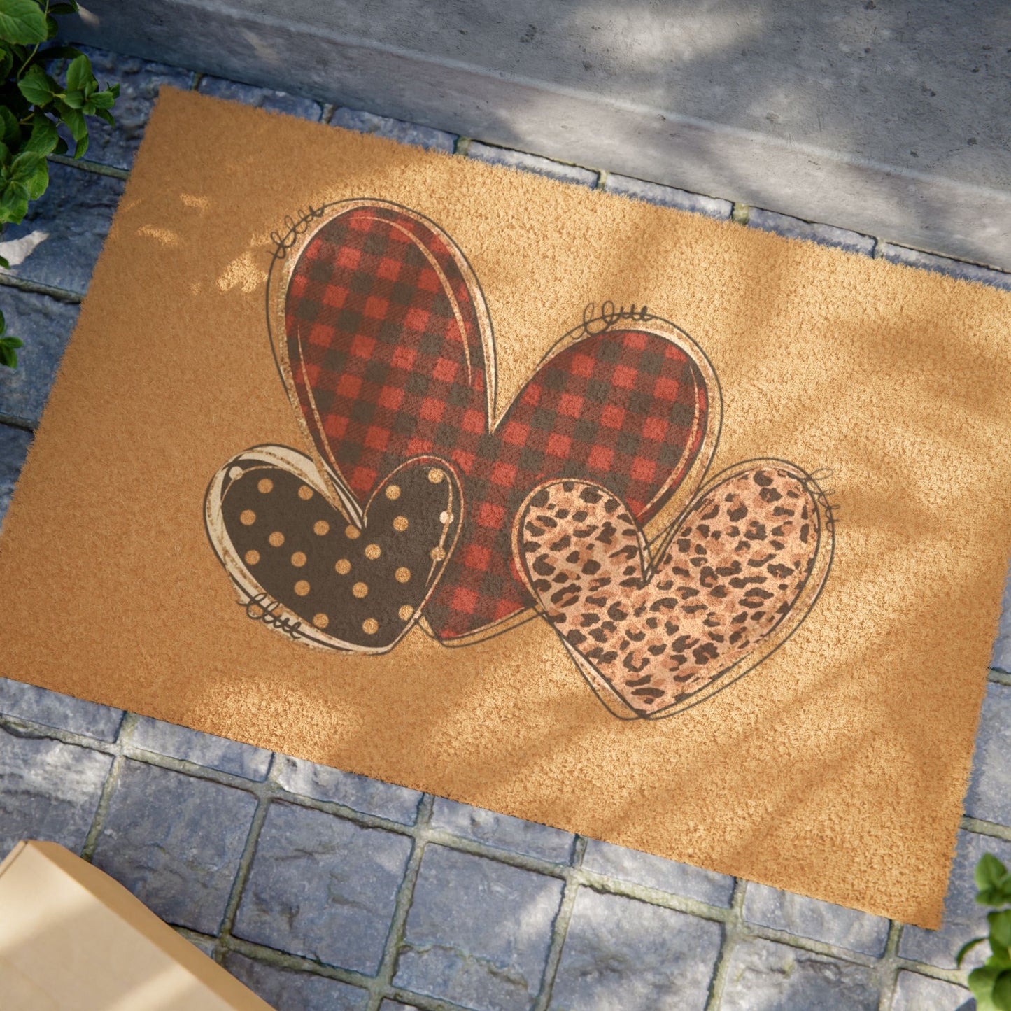 Heart Patch Doormat — Buffalo Plaid & Leopard Print Welcome Rug