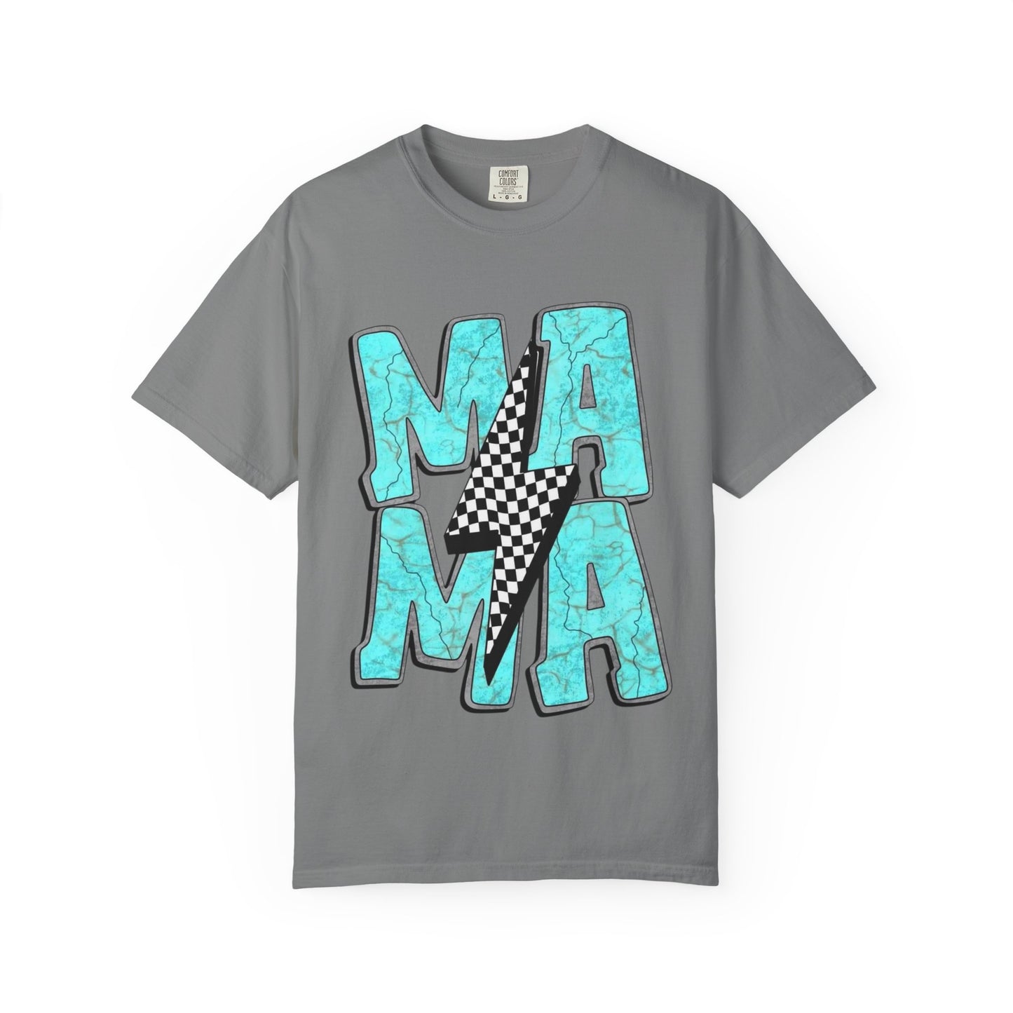 MAMA Lightning Bolt T-Shirt | Checkerboard, Aqua Marble Text
