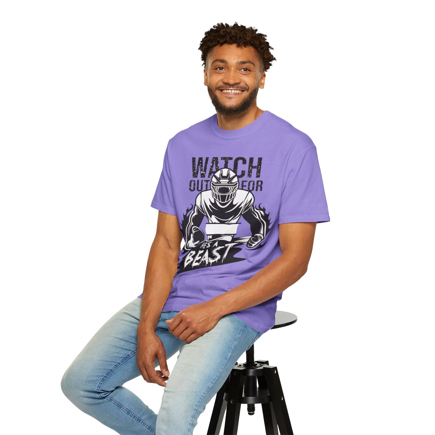 Watch Out For He's A Beast Football Player T-Shirt | Sports Helmet Grunge