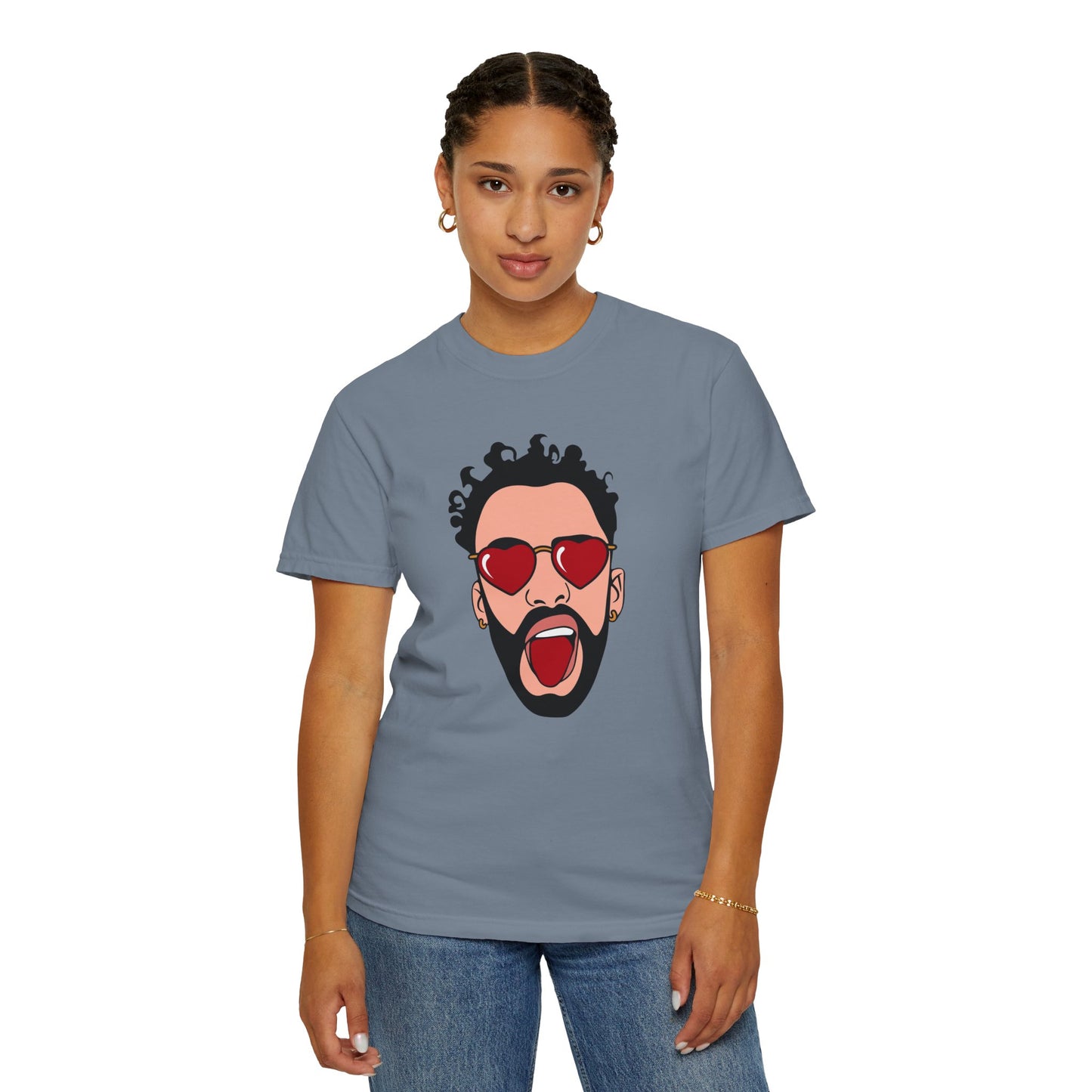 Graphic T-Shirt — Bold Pop Art Face with Heart Sunglasses