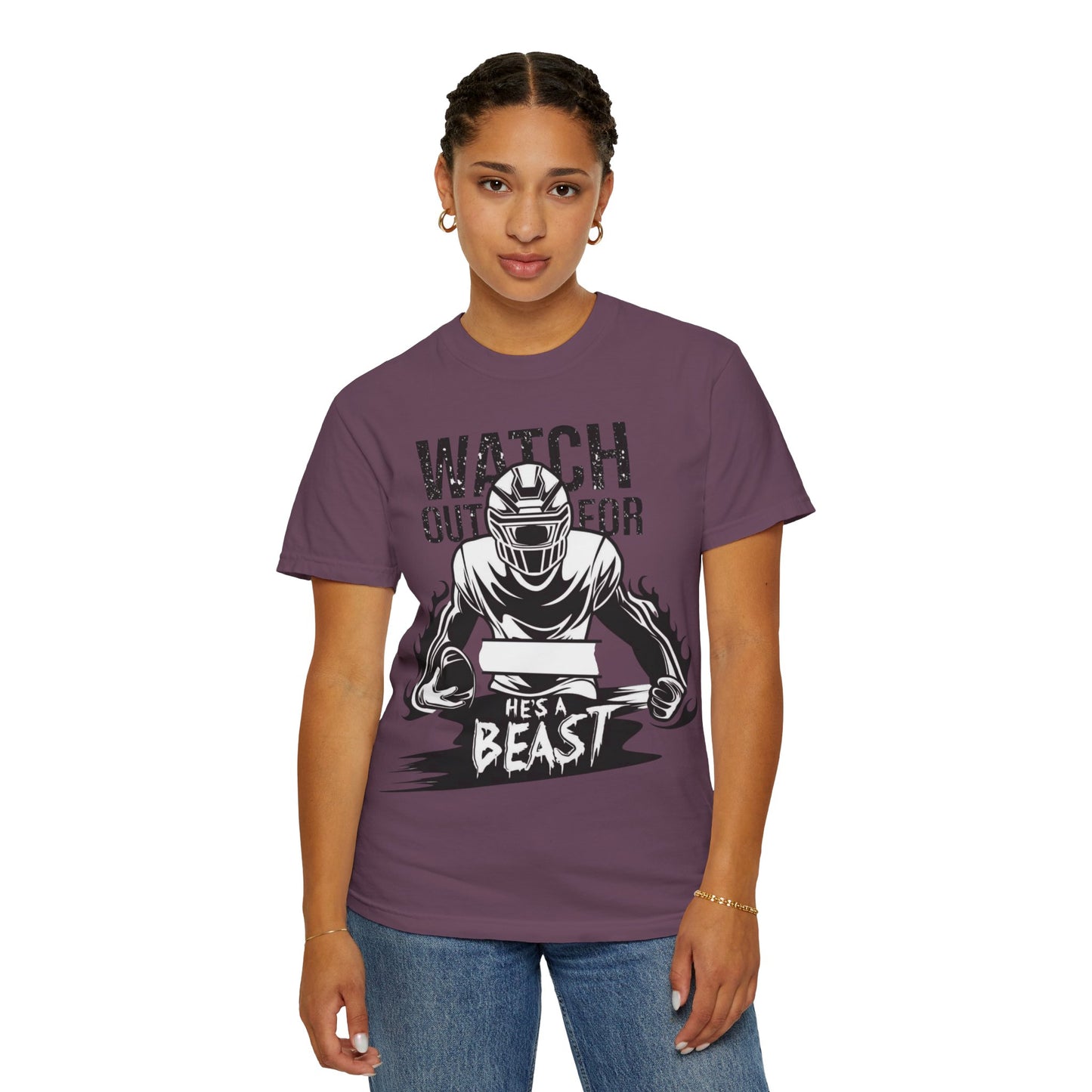 Watch Out For He's A Beast Football Player T-Shirt | Sports Helmet Grunge