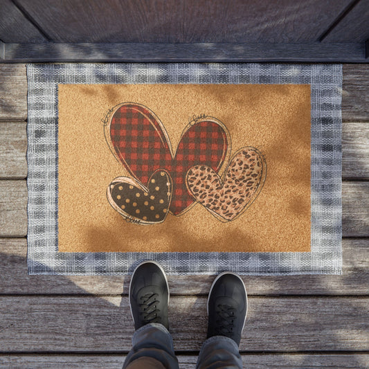 Heart Patch Doormat — Buffalo Plaid & Leopard Print Welcome Rug