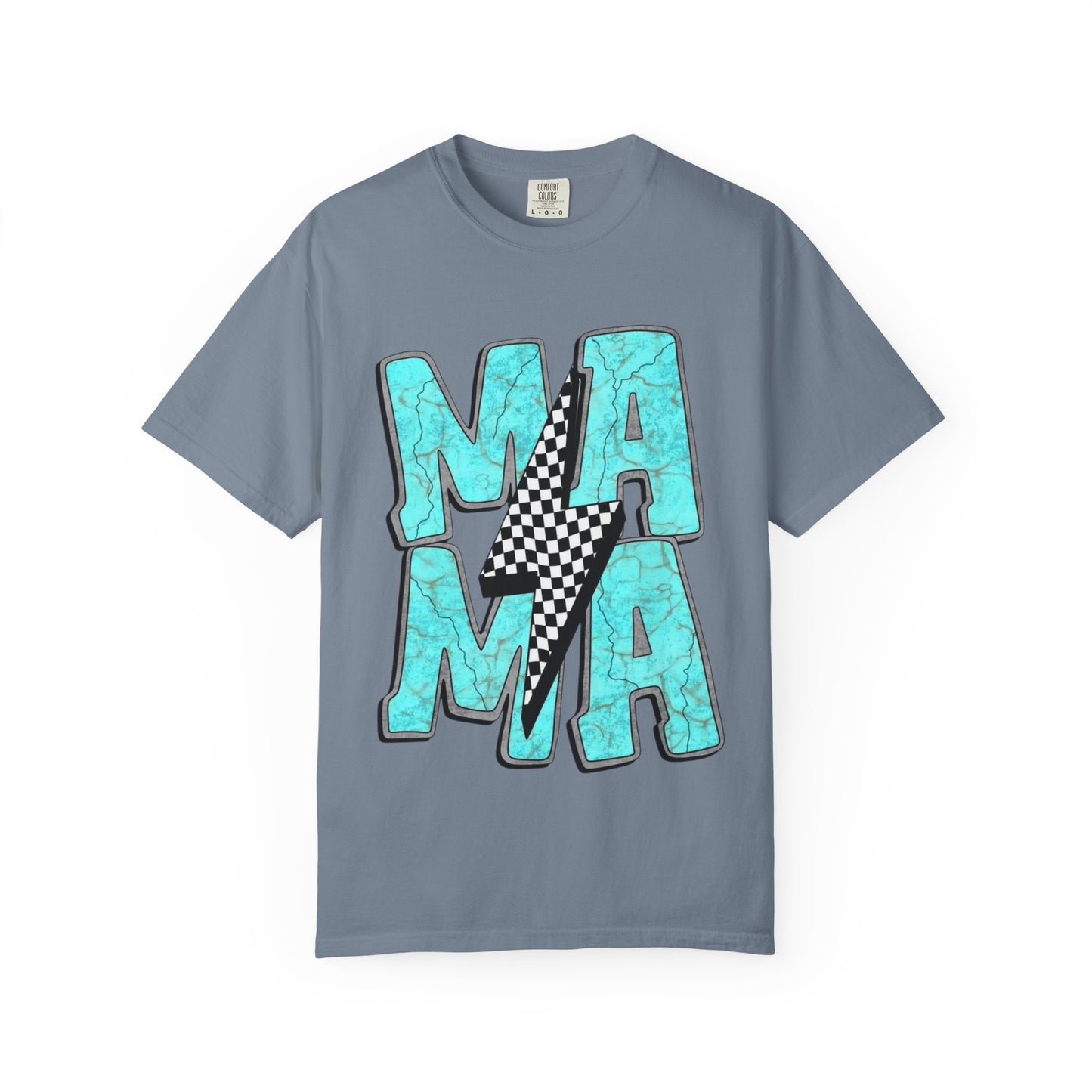 MAMA Lightning Bolt T-Shirt | Checkerboard, Aqua Marble Text