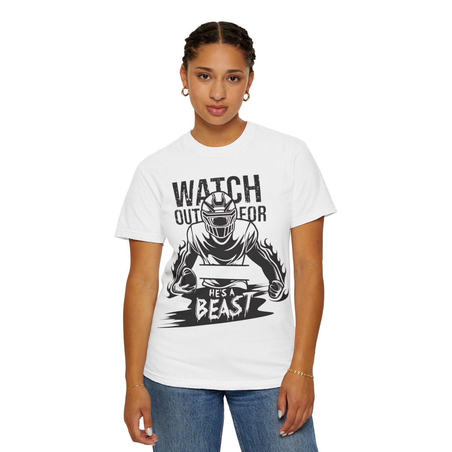 Watch Out For He's A Beast Football Player T-Shirt | Sports Helmet Grunge