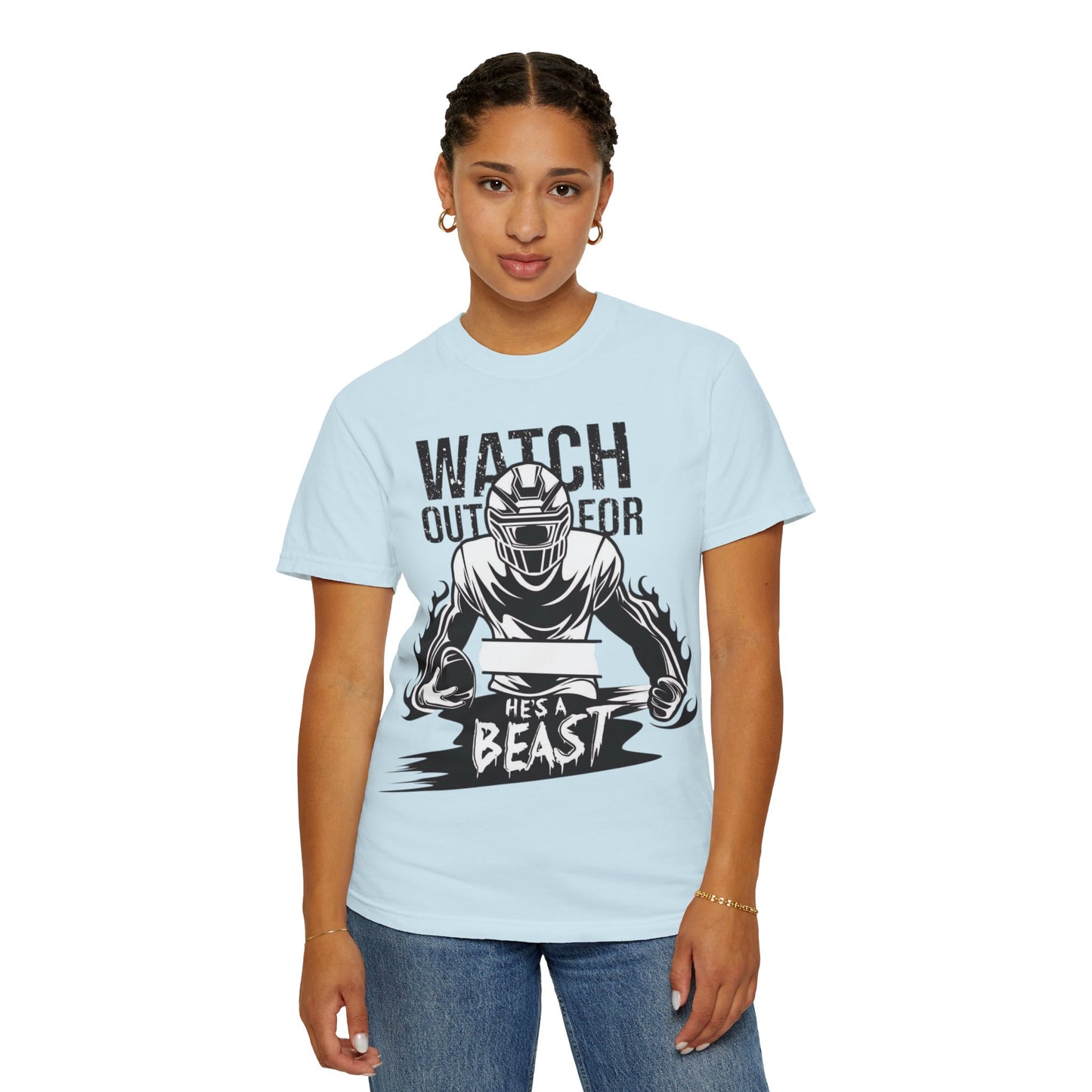 Watch Out For He's A Beast Football Player T-Shirt | Sports Helmet Grunge