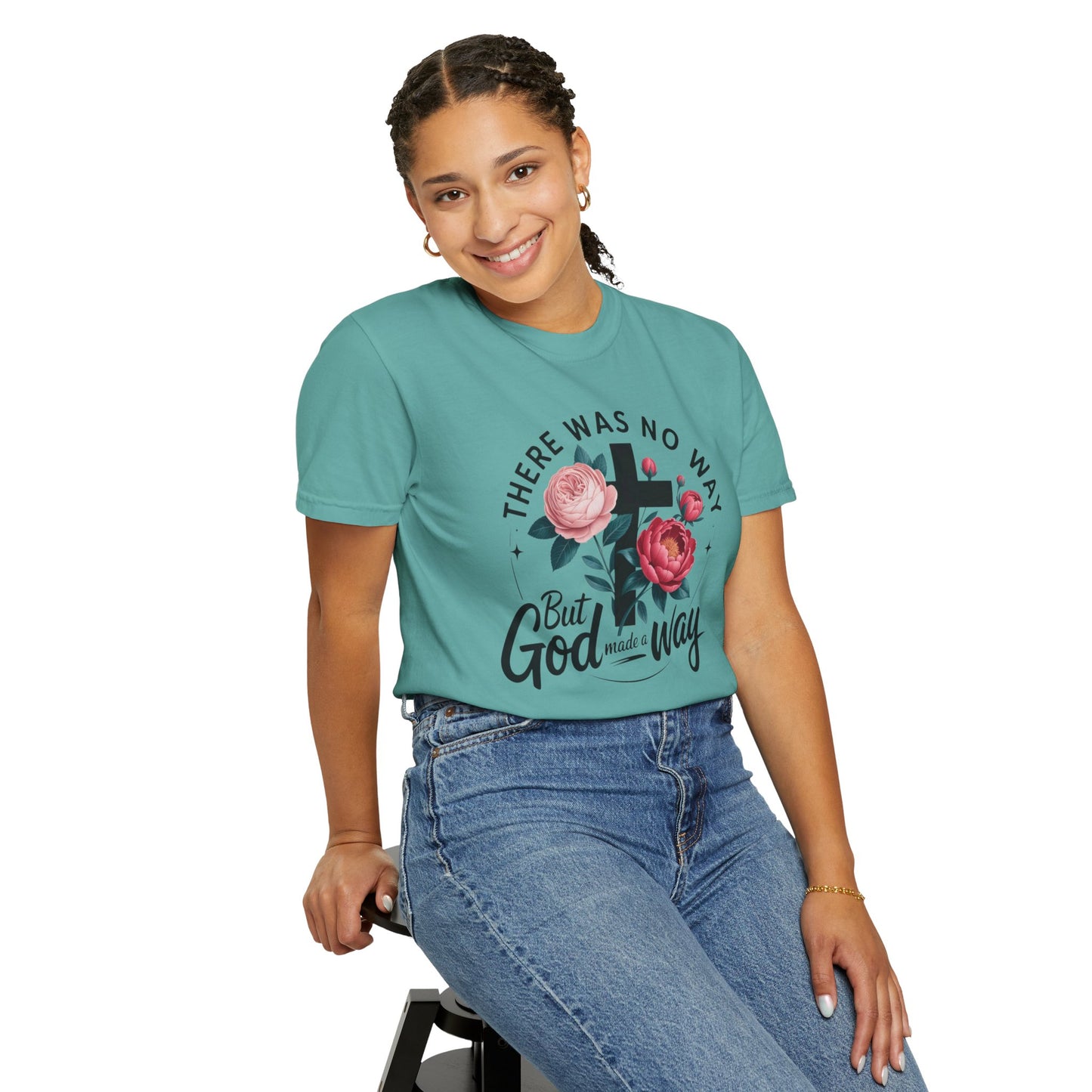 Christian T-Shirt — "There Was No Way But God Made A Way" Floral Cross