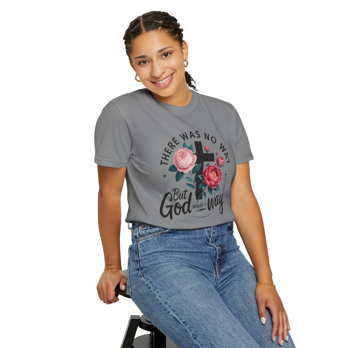 Christian T-Shirt — "There Was No Way But God Made A Way" Floral Cross