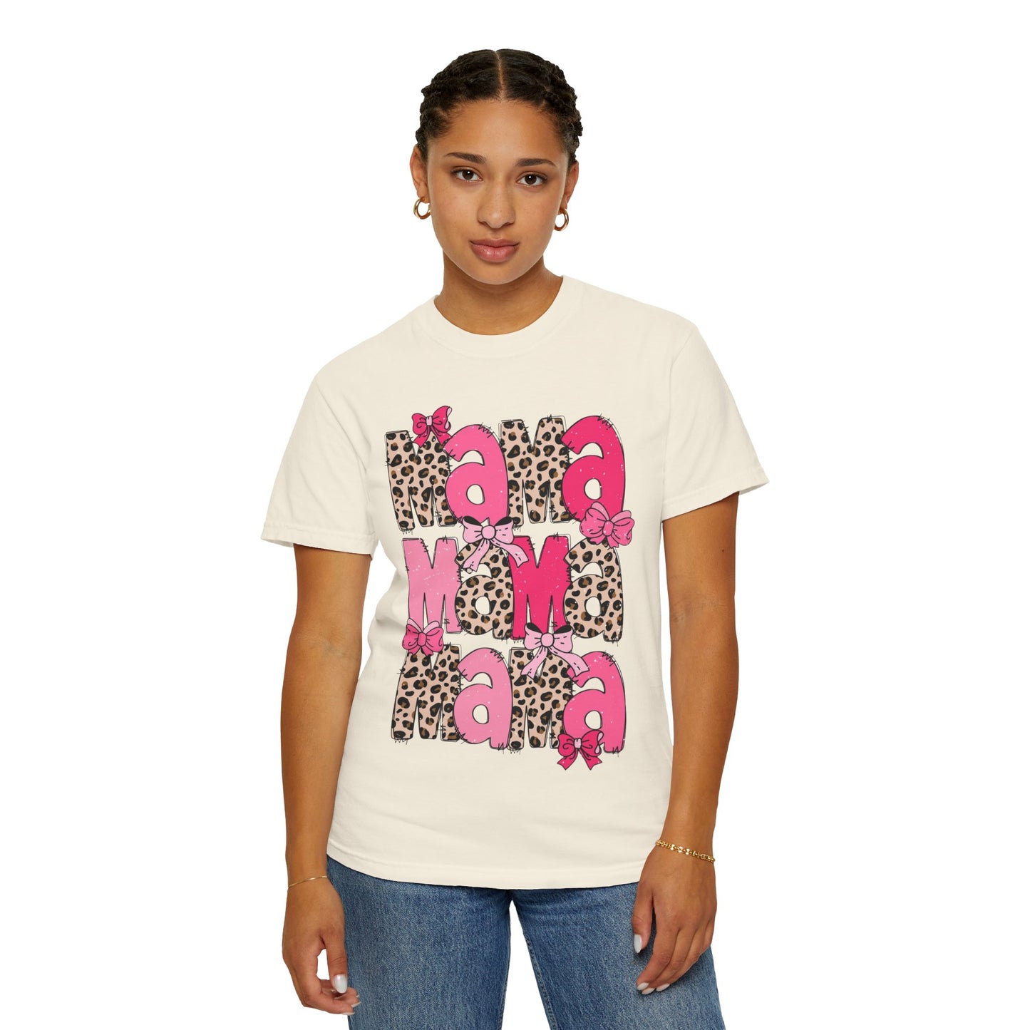 Mama Leopard Print Pink Bow T-Shirt