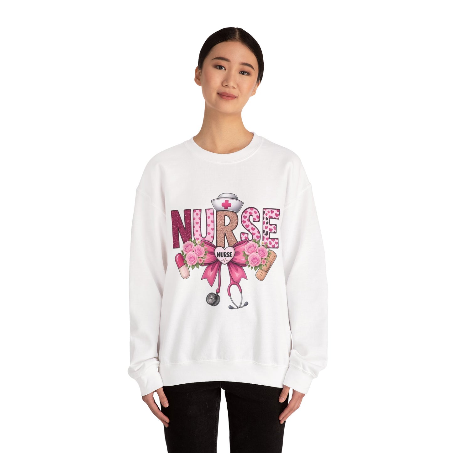 Pink Floral Nurse Crewneck Sweatshirt | Stethoscope, Bandage, Nursing Theme