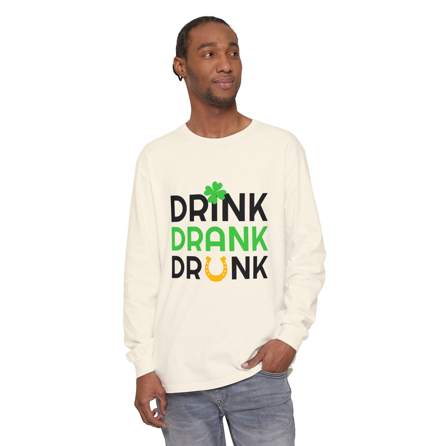 Drink Drank Drunk Shamrock Horseshoe Long Sleeve Tee | St. Patrick's Day Shirt