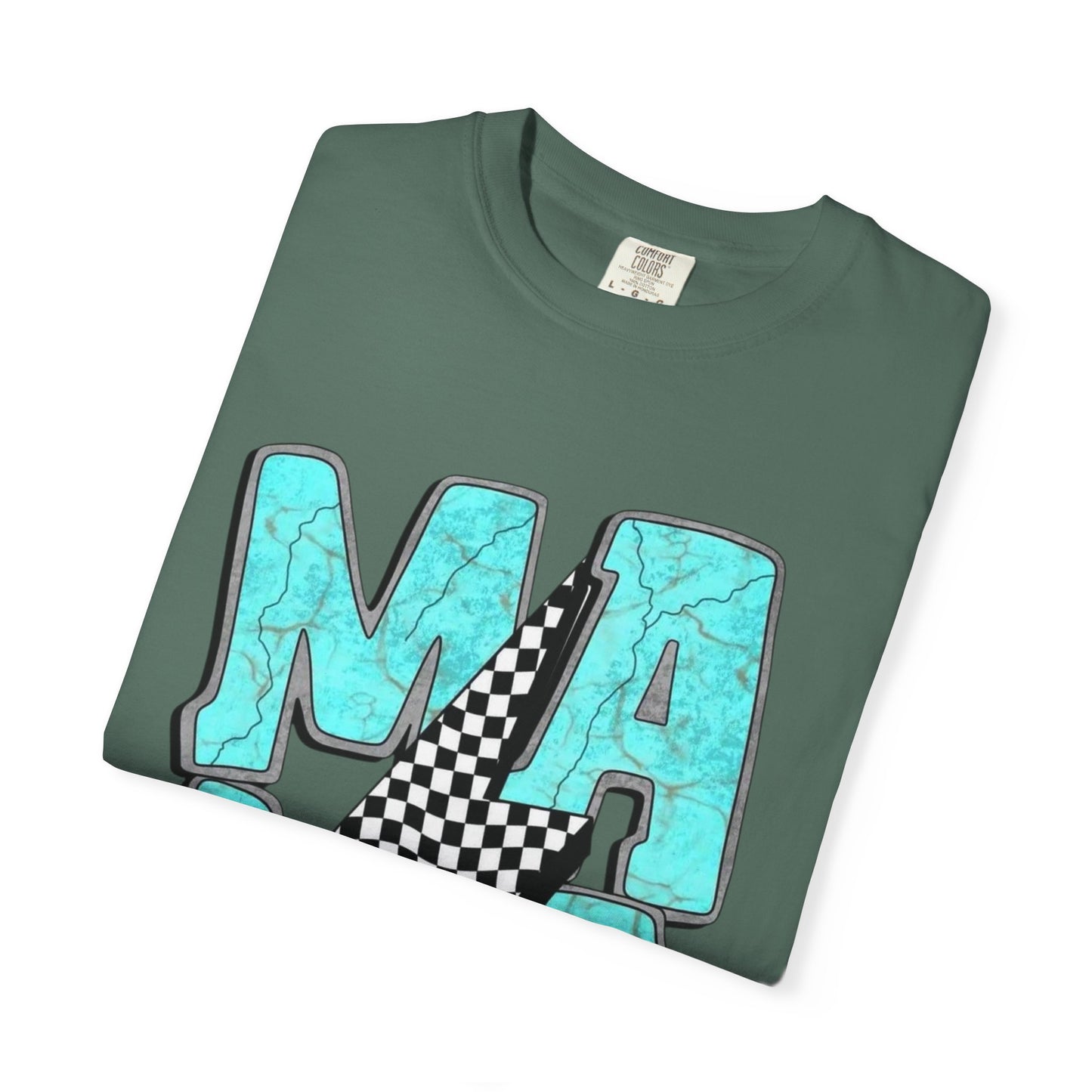 MAMA Lightning Bolt T-Shirt | Checkerboard, Aqua Marble Text