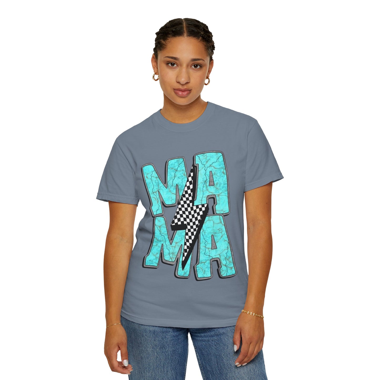 MAMA Lightning Bolt T-Shirt | Checkerboard, Aqua Marble Text