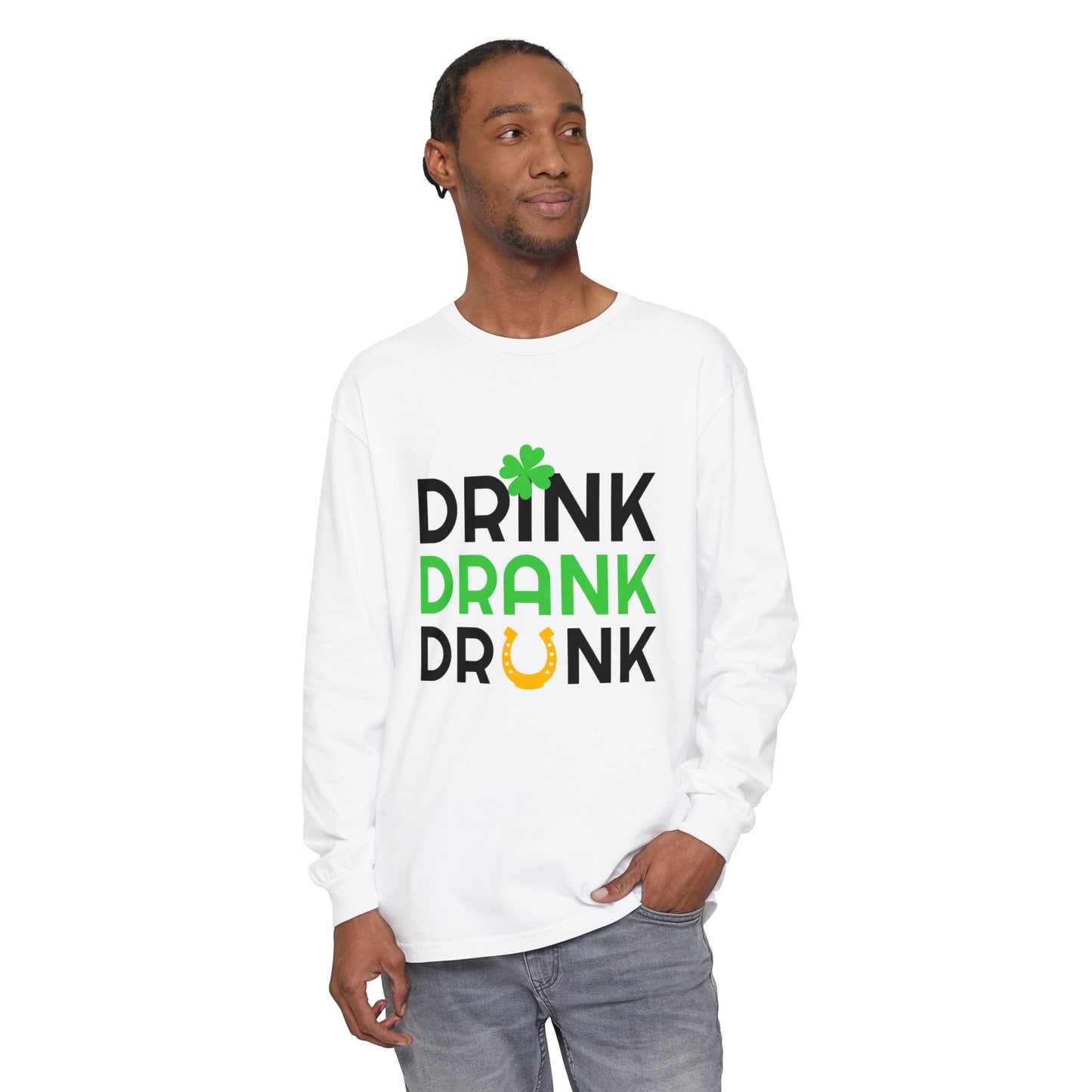 Drink Drank Drunk Shamrock Horseshoe Long Sleeve Tee | St. Patrick's Day Shirt