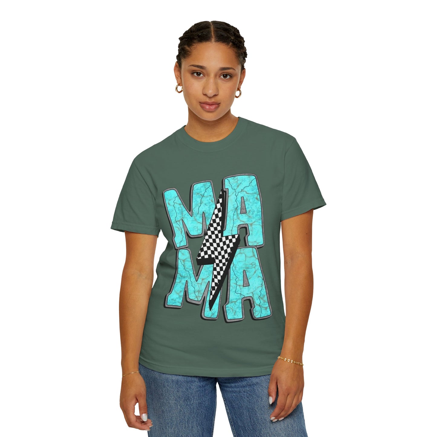 MAMA Lightning Bolt T-Shirt | Checkerboard, Aqua Marble Text
