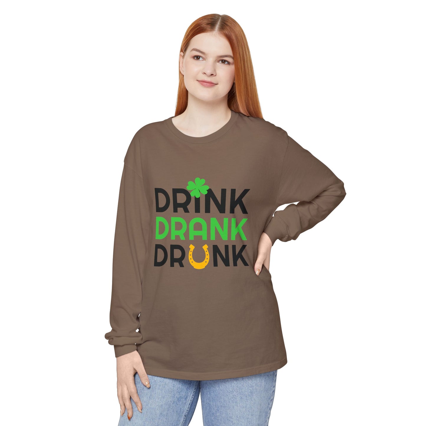 Drink Drank Drunk Shamrock Horseshoe Long Sleeve Tee | St. Patrick's Day Shirt