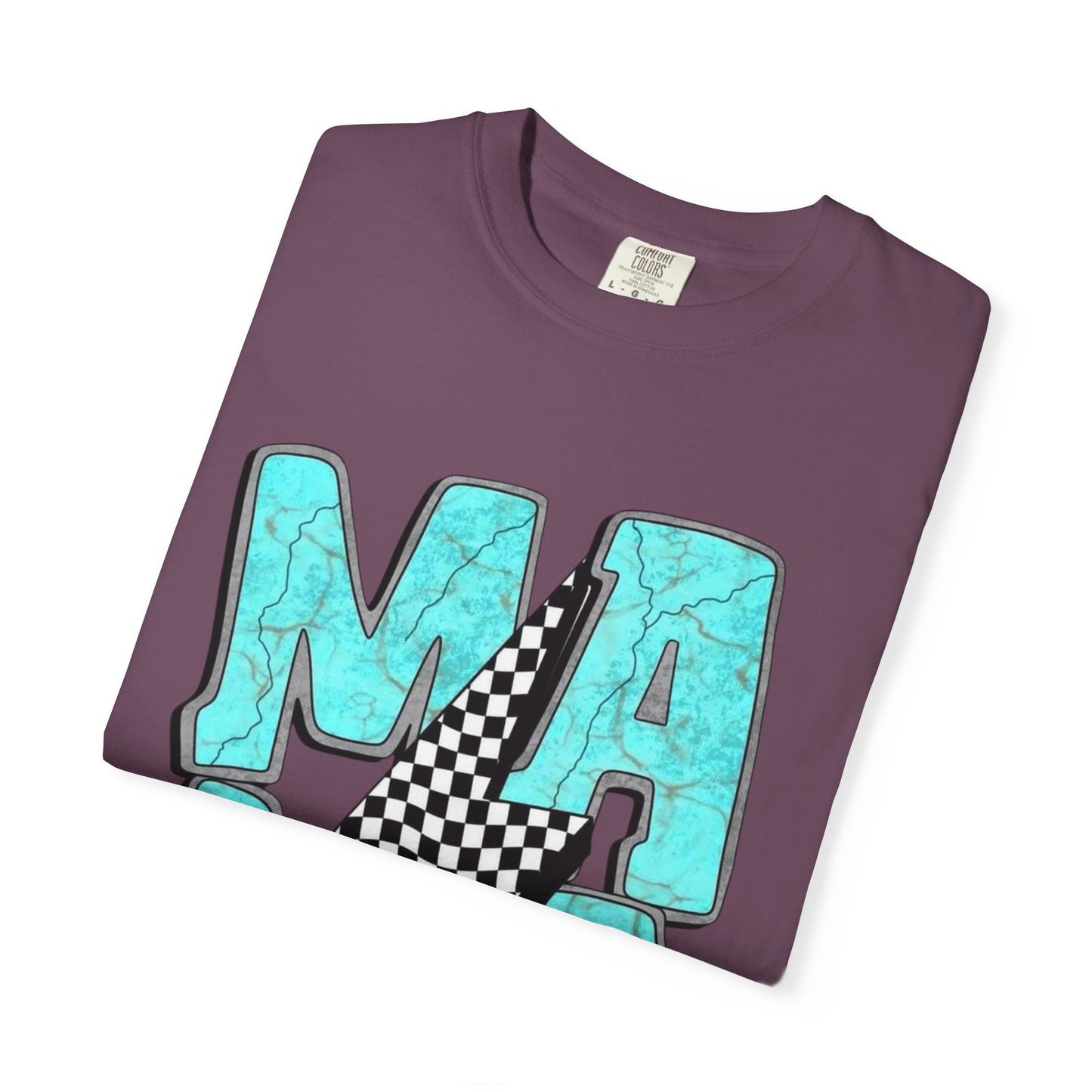 MAMA Lightning Bolt T-Shirt | Checkerboard, Aqua Marble Text