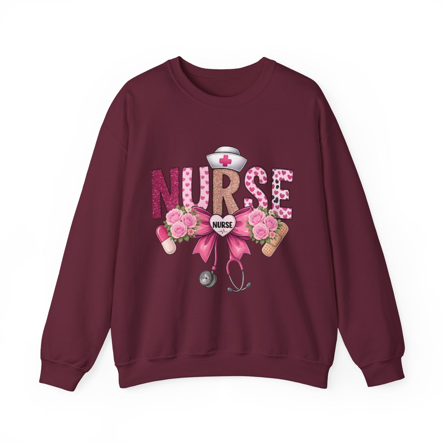Pink Floral Nurse Crewneck Sweatshirt | Stethoscope, Bandage, Nursing Theme
