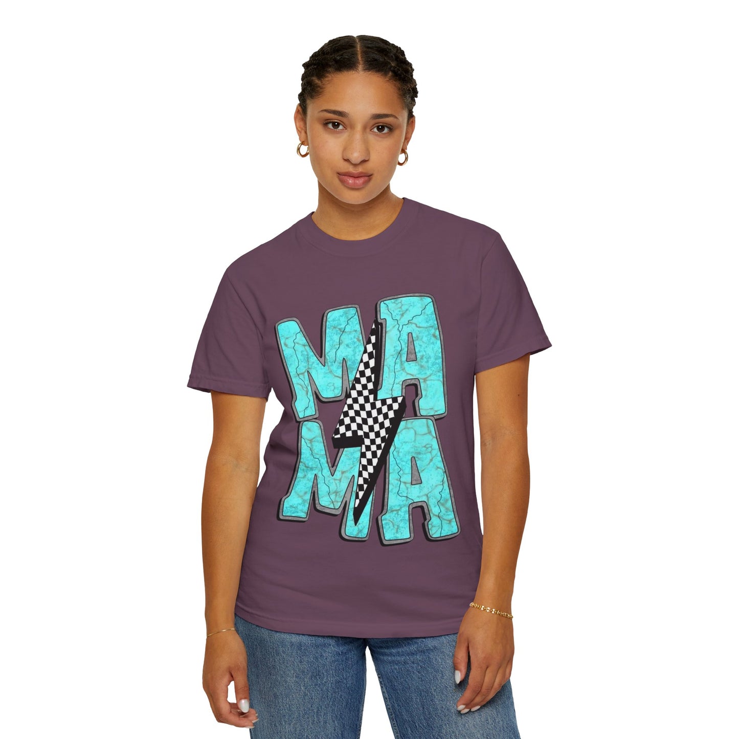 MAMA Lightning Bolt T-Shirt | Checkerboard, Aqua Marble Text
