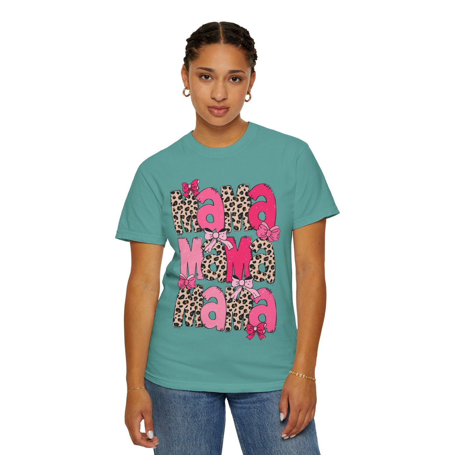 Mama Leopard Print Pink Bow T-Shirt