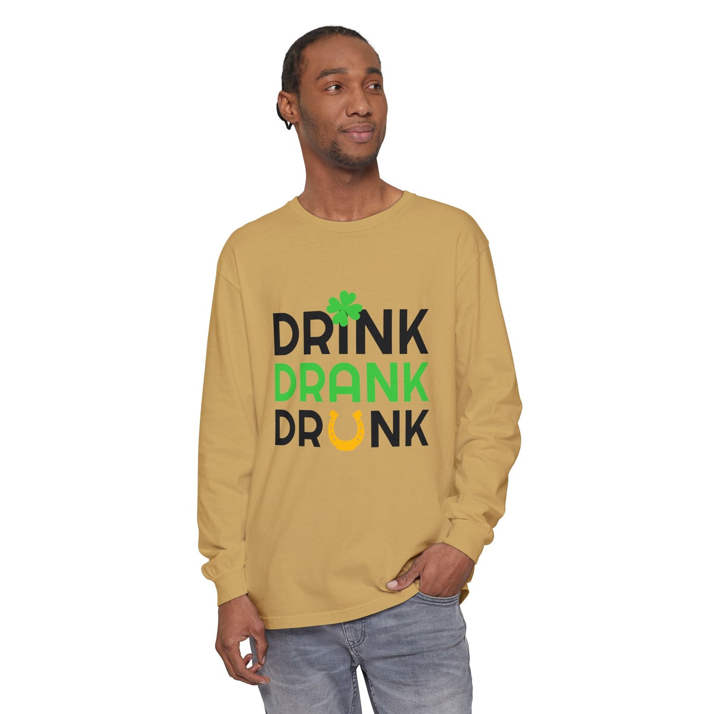 Drink Drank Drunk Shamrock Horseshoe Long Sleeve Tee | St. Patrick's Day Shirt