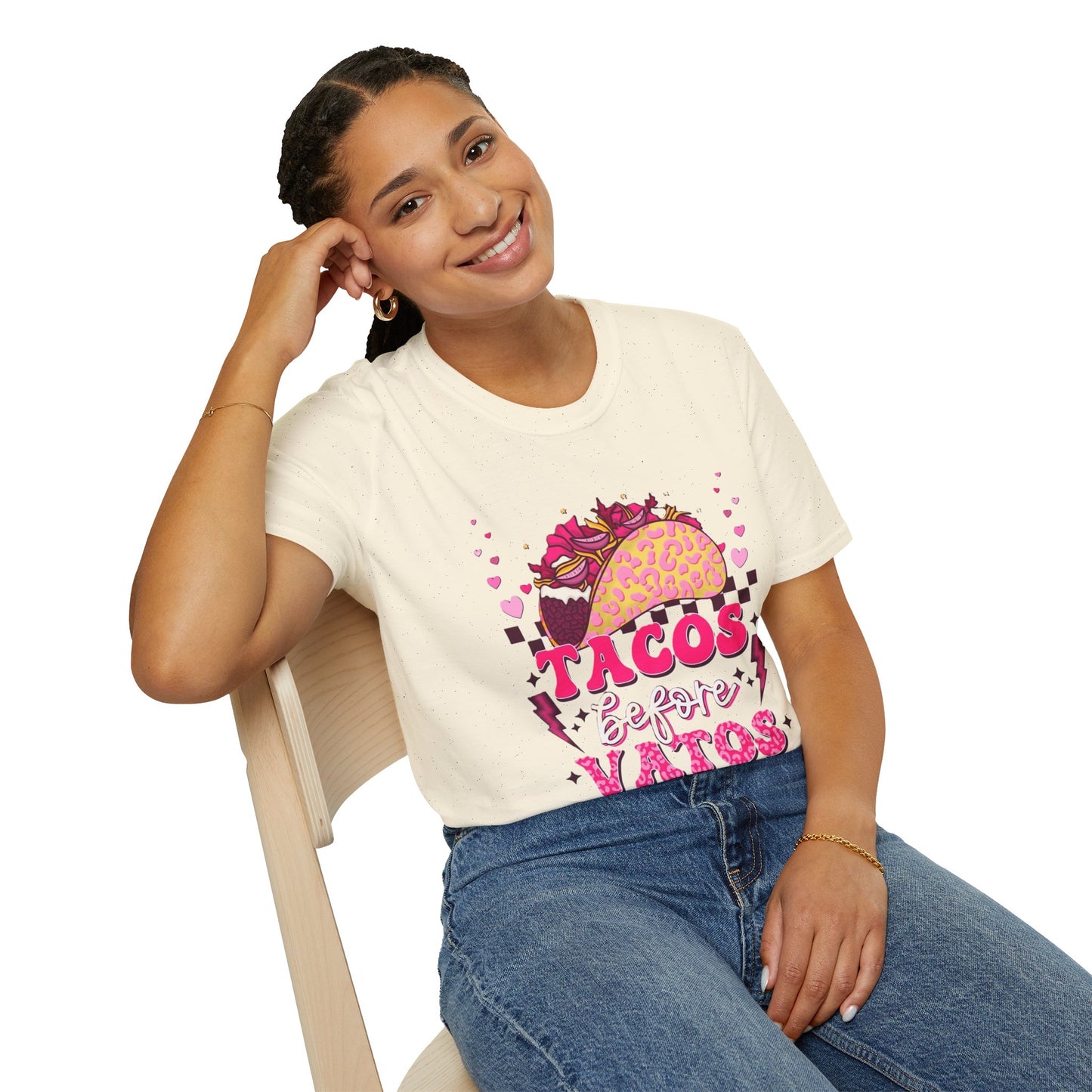 T-Shirt — "Tacos Before Vatos" Cute Pink Taco Graphic Tee