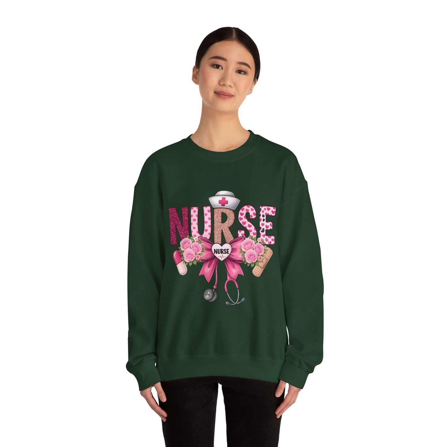 Pink Floral Nurse Crewneck Sweatshirt | Stethoscope, Bandage, Nursing Theme