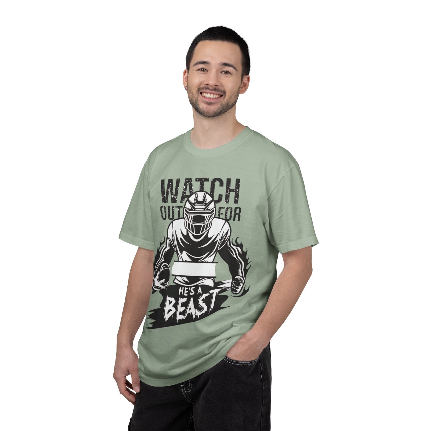 Watch Out For He's A Beast Football Player T-Shirt | Sports Helmet Grunge