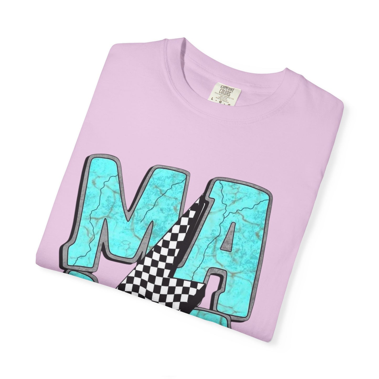 MAMA Lightning Bolt T-Shirt | Checkerboard, Aqua Marble Text